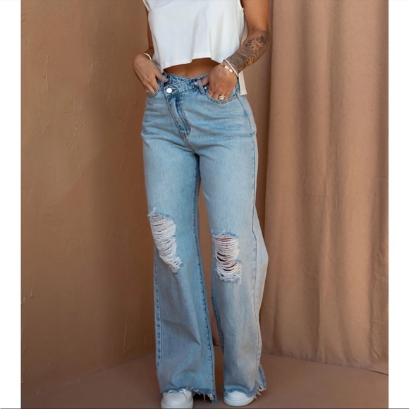 by egreis Denim - By Egreis Archie Jean Women Large Blue Denim Wide Leg High Waist Crisscross NEW